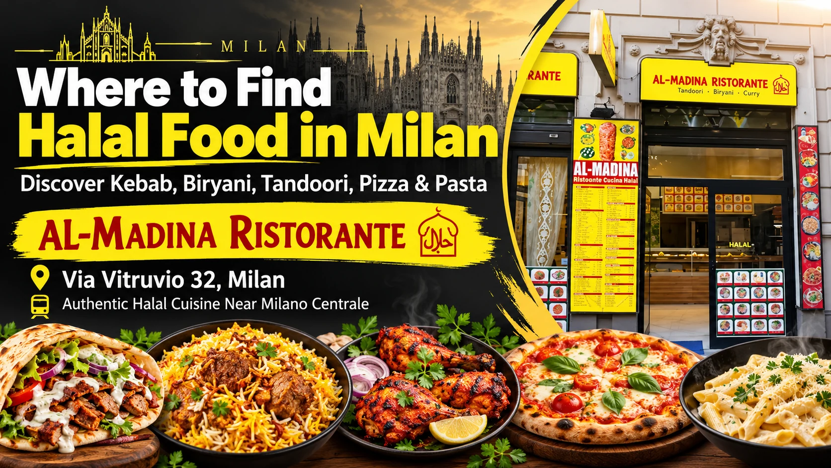 Al-Madina Ristorante halal food in Milan featuring kebab, biryani, tandoori, pizza and pasta